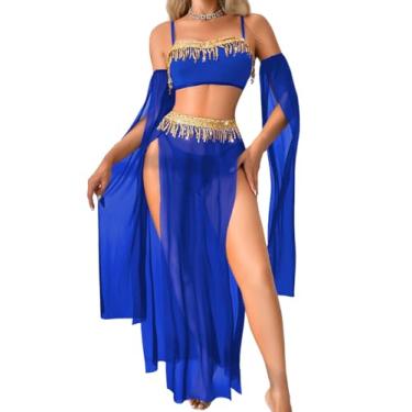 Imagem de ShawGobow Roupas de dança exóticas, saia de fenda alta, lingerie sexy para mulheres, fantasia de dança do ventre cosplay festival, Azul, Small