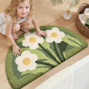 Imagem de LUMI Tapete de banheiro de margarida verde, tapete meio redondo macio e fofo, tapete de banho de flores fofas, antiderrapante, absorvente de secagem rápida, tapetes laváveis para quarto de crianças