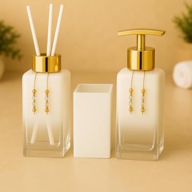 Imagem de Kit Banheiro Luxo Square – Sabonete Líquido, Difusor Aromatizante e Porta Escova de Vidro Decorativo 250ml (Branco Degrade C/Dourado)