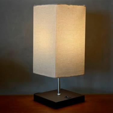 Imagem de Abajur Luminária de Mesa Clássica Quadrado MDF Preto Com Interruptor Com Cúpula Bege Decoração Casa, sala Quarto e Escritorio