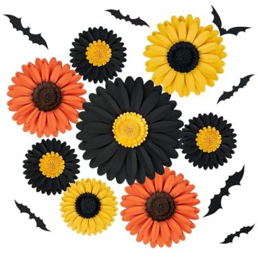 Imagem de PAPER JAZZ Decorações de flores de papel de Halloween para parede, margaridas 3D, decorações de flores artificiais com morcegos e teias de aranha, flores de papel grandes para festa de Halloween