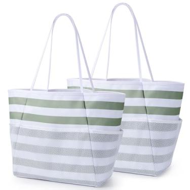 Imagem de KALIDI Pacote com 2 sacos de compras reutilizáveis de mercearia bolsa de praia bolsa grande para mulheres e homens, bolsa leve dobrável para piquenique e férias