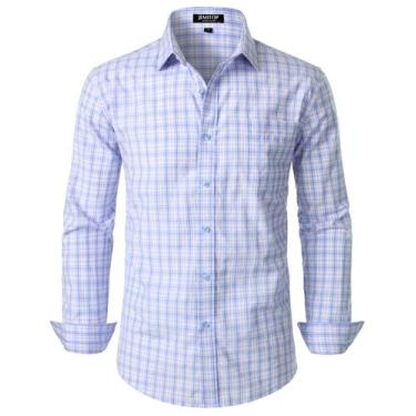 Imagem de Camisa masculina JEMITOP de manga comprida, justa, xadrez, azul, roxo 