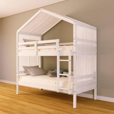 Imagem de Beliche Solteiro Casinha com Cortina Madeira Maciça Branco Megamobilia