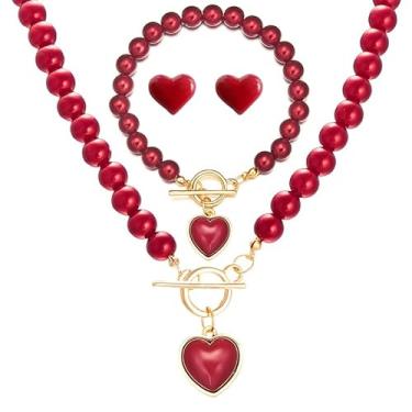 Imagem de ONLYJUMP 5 pares de brincos de coração vermelho amor colar pulseira e anel conjunto de joias para mulheres bonito cristal coração broches esmalte vermelho moda simples jóias, Large, Liga de aço