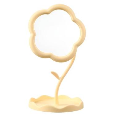 Imagem de Espelho de Mesa para Maquiagem, Formato Flor, Plástico e Vidro, 29,5 cm Altura x 16,5 cm Largura, Base Estável, Design Decorativo
