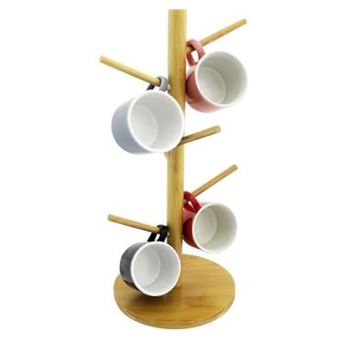 Imagem de Casita Suporte para Xícaras em Bambu, Base Redonda 15,5 cm, Altura 34 cm, 6 Ganchos, Organizador para Café e Chá