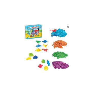 Imagem de Kit Areia de Modelar Infantil, 300g, com Moldes de Dinossauros e Acessórios, 2 Cores Azul e Laranja, para Crianças a partir de 3 Anos, Material Educativo e Criativo