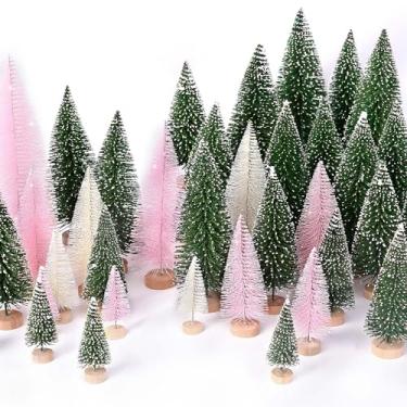 Imagem de 30 peças mini árvores de Natal árvore de Natal artificial garrafa árvores com base de madeira para decoração de Natal festa de Natal mesa casa artesanato decorações (verde + bege + rosa)