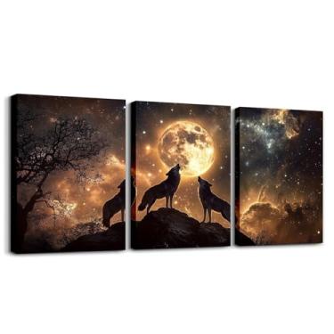 Imagem de Arte de parede emoldurada para quarto de lobo uivante dourado lua céu galáxia decorações para quarto lobos selvagens animais selvagens sala de estar arte de parede decoração de sala de jantar