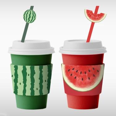 Imagem de FYSUIMU Conjunto de 50 xícaras de café descartáveis de melancia com tampas, canudos, vermelho, verde, verão, frutas doces, copos de papel para chá de bebê, artigos de festa de aniversário, 473 g