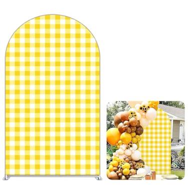 Imagem de FiVan Capa de fundo de arco com padrão xadrez xadrez curvado com suporte de arco elástico para decoração de festa de casamento, aniversário, chá de bebê (amarelo e branco, 18 x 10 cm)