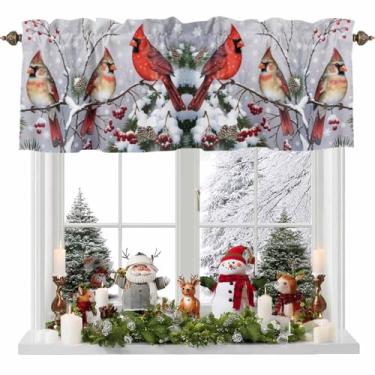 Imagem de Cortina de Natal com estampa de pássaros para janelas, cardeal vermelho de inverno na árvore, natureza, neve, sanefa, bolso para varão, tratamento de janela, cortinas curtas para cozinha, banheiro