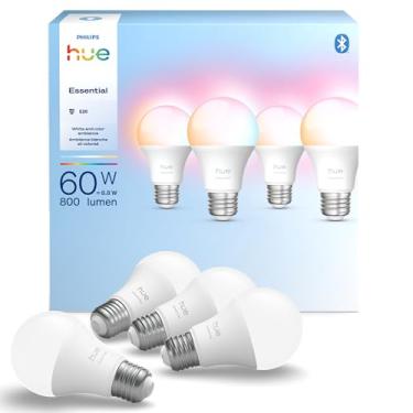 Imagem de Philips Hue Lâmpada Essential Smart LED A19, branca e cor ambiente, base E26, 8,8W, 2200K-6500K, 800 lúmens, regulável, funciona com Alexa, Google Assistant e Apple Home, pacote com 4