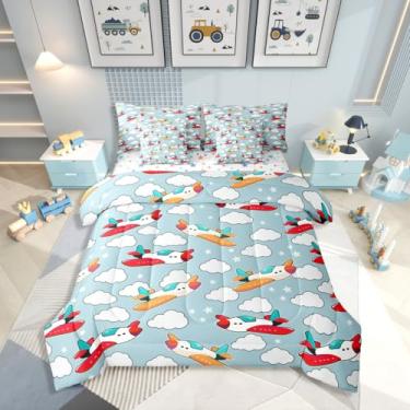 Imagem de Erosebridal Jogo de cama solteiro de desenho animado de avião com estampa de estrelas, 7 peças, para quarto de meninos, meninas, adolescentes e adultos, lençol com estampa de estrela