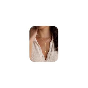 Imagem de Ursteel Colar Lariat delicado para mulheres, banhado a ouro 14K, colar longo em forma de Y, colares de gota em camadas, trevo de pérola, colares com pingente de zircônia cúbica para mulheres, joias de