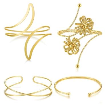 Imagem de YVVLEE 4 peças de joias femininas de ouro e prata para braço, braçadeira ajustável, minimalista, bobina, braçadeira, conjunto de braçadeiras, open, Sem Pedra Preciosa