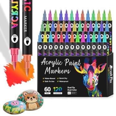 Imagem de YV-cozx 120 marcadores de tinta acrílica de ponta dupla, canetas de tinta acrílica de duas cores para pintura rupestre, cerâmica, pedra, madeira, tela, pedra, materiais de arte DIY