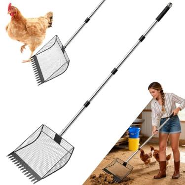 Imagem de Pá de cocô de galinha e ancinho 2 em 1, pá de peneiramento de areia, colher de galinheiro de metal com alça ajustável (86 cm a 165 cm) para corrida de galinhas, fazenda de animais, galinheiro preto