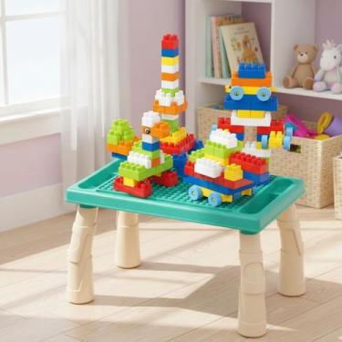 Imagem de Mesa De Blocos Mesinha Atividades Infantil Didática 100 peças Montar -