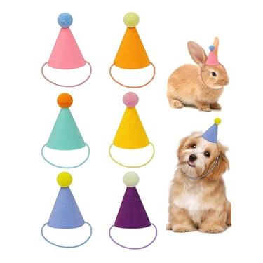 Imagem de DRANSMIC 6 mini chapéus de festa para animais de pelúcia, chapéus de cone de festa de aniversário, bonecas, cães, gatos, coelhos, filhotes, decorações de aniversário de animais variados