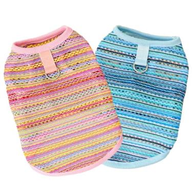 Imagem de JAAQUCD Pacote com 2 camisetas de verão para cães pequenos com coleira respirável, roupas refrescantes para meninos e gatos, camiseta leve para cães (rosa + bue, vazado, 2GG)