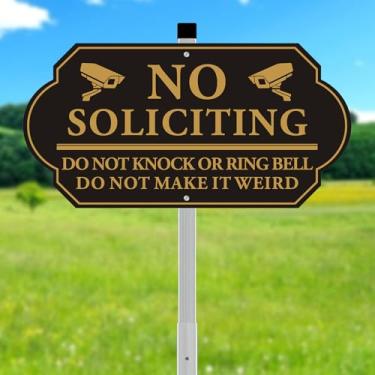 Imagem de Placa engraçada sem solicitação para casa ou casa 35 x 18 cm com estaca de 71 cm – Não bata ou toque sino, não faça estranho – Placa de alumínio resistente ao clima para quintal, varanda, escritório