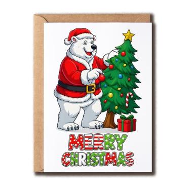 Imagem de AutusGifts Cartão de Natal Urso Polar - Urso Papai Noel decora árvore - Saudação engraçada de Natal - Presente de Natal animal de inverno - Ótimo cartão para família e amigos