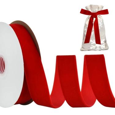 Imagem de TONIFUL Fita de veludo vermelha 2,5 cm x 25 m, fitas de veludo vintage, para decoração de guirlanda de Natal, ornamentos artesanais para embrulho de presente e fabricação de laço, embalagem de buquê