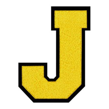 Imagem de 1 PÇ Patch de letra de chenille amarelo de 15 cm com borda preta – Remendos do alfabeto para roupas, jaquetas, mochilas, chapéus para decoração personalizada, nome personalizado e artesanato. (J)