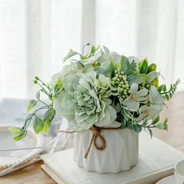 Imagem de TKAS Arranjo de flores falsas em vaso de cerâmica, rosas de seda artificial e hortênsia, mesa de jantar floral realista pequena e realista para decoração de casa de festa de casamento (verde)