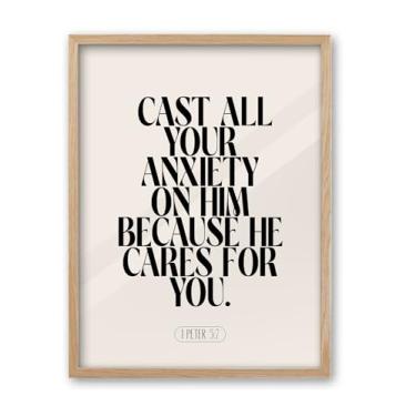 Imagem de iHery Arte de parede emoldurada de Jesus em madeira de carvalho natural, grande 40,6 x 50,8 cm Peter 5 7 Versos da Bíblia moderna cristã, Cast All Your Anxiety, Bege Boho Scripture quarto decoração