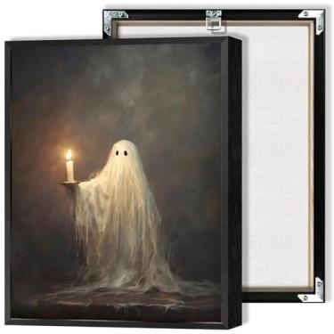 Imagem de Arte de parede vintage fantasma fofo Halloween fantasma segurando vela pôsteres em tela gótico vitoriano escuro Academia impressão de terror pintura para sala de estar quarto decoração de parede 30,5