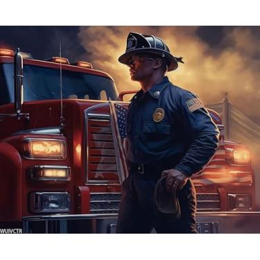 Imagem de WUIVCTR Kits de pintura por números para adultos bombeiros caminhão de bombeiros bandeira americana DIY kits de presente de pintura a óleo digital arte em tela pré-impressa decoração de casa 40 x 50