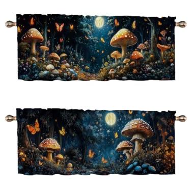 Imagem de WUQIANQ Cortinas de sanefa de cogumelo Farmhouse, pacote com 2 unidades, lua, borboleta, floresta, bolso para varão, cortinas decorativas para janela pequena, sanefa para café, sala de estar, banheiro