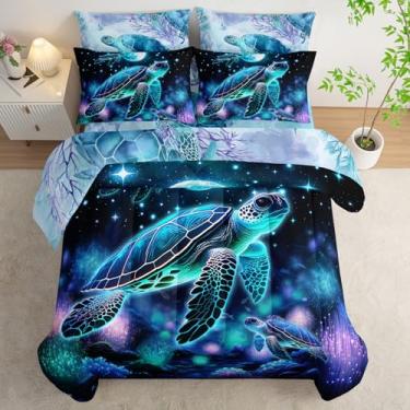 Imagem de AILONEN Jogo de edredom solteiro com tartaruga marinha, 7 peças, tema oceano, coral em uma bolsa, edredom para noite, lua estrelada, tartaruga, lençol de cima, 2 fronhas, 2 fronhas
