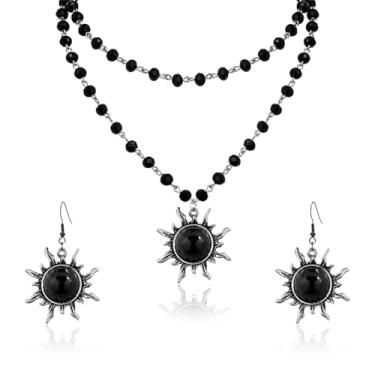 Imagem de RLHRNDE Gargantilha gótica em camadas preta para mulheres punk colar com pingente de cruz preta lua crescente sol brincos Halloween Natal conjunto de joias góticas, Medium, Metal, Sem Pedra Preciosa