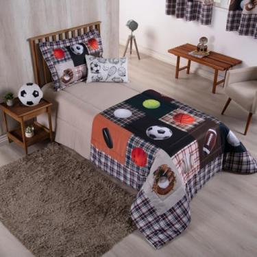 Imagem de Kit Edredom Infantil e Juvenil, 4 Peças, Solteiro, Estampa Digital, 300 Fios, 100% Poliéster, 2,50x1,90m, com Porta Travesseiro e Almofada (Esportes)