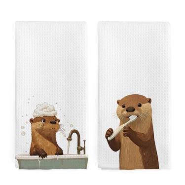 Imagem de nvucamd Toalhas de mão de lontra fofas para crianças, conjunto de 2, lontras engraçadas, toalhas de chá, presentes temáticos de lontra do mar, toalha de mão para banheiro, banheiro, cozinha, decoração