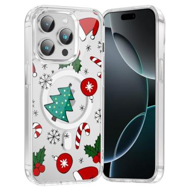 Imagem de RUMDEY Capa de celular Merry Christmas Candy para iPhone 16 Pro, árvore de Natal, capa magnética transparente de 6,3 polegadas, compatível com Magsafe, capa com design de padrão de inverno fofo à