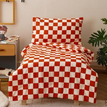 Imagem de CLOTHKNOW Jogo de cama infantil xadrez de 4 peças para meninos e meninas, padrão quadriculado bege enferrujado, incluindo edredom, lençol de cima, lençol com elástico e fronha, bege enferrujado