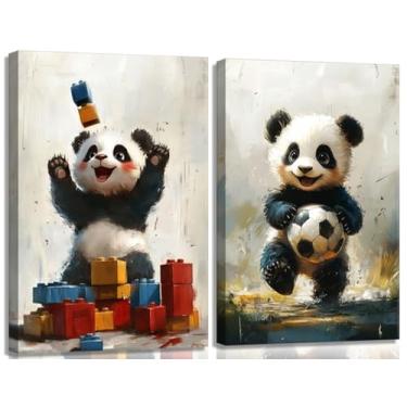 Imagem de 2 peças de arte de parede em tela de panda fofo, berçário, urso de futebol, decoração de parede, imagens aquarela, animal, esportes, pintura, pôsteres para quarto de crianças, decoração de sala de