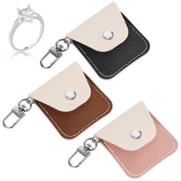 Imagem de Tucnoeu Porta-anel de couro com 3 peças – chaveiro portátil para joias, pequena caixa de joias de viagem, bolsa de anel de couro para anéis e brincos