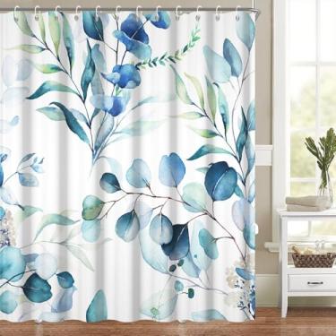 Imagem de Cortina de chuveiro com folhas de primavera para banheiro moderna com tema botânico conjunto de decoração de banheiro aquarela azul verde planta folha cortinas de banheira lavável tecido de poliéster