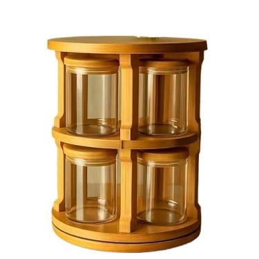 Imagem de Porta Temperos Condimento Giratório 10 Potes Vidro Tampa Bambu Hermético 250ML Suporte Organizador