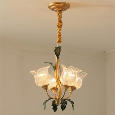 Imagem de Lustre Pastoral Francês com Flores Americanas - Luminária Pendente Decorativa LED para Sala de Estar, Restaurante, Quarto, Villa, Café, Loja de Roupas e Casa (J 4 Lâmpadas)