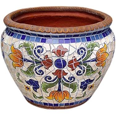 Imagem de Vaso de cerâmica colorido para uso externo/interno, vaso de flores grande esmaltado com pires, redondo, terracota, plantador de bonsai pintado à mão, vaso de plantas de pátio ao ar livre, vaso de