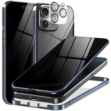Imagem de Eorkvr Capa magnética de titânio para iPhone 15 com protetor de tela de privacidade e protetor de lente de câmera, anti-peep adsorção magnética dupla face capa de vidro temperado anti-espião capa de telefone para iPhone 15