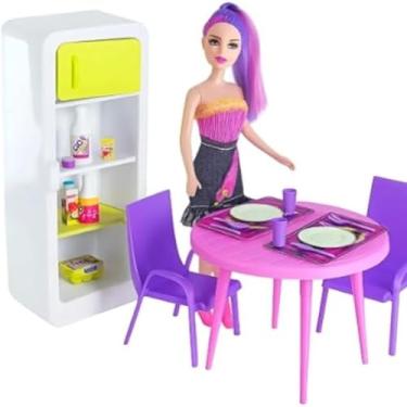 Imagem de Conjunto Copa Cozinha Infantil com Geladeira Cristal Fashion, Boneca 17cm, Mesa Redonda, 2 Cadeiras, Rosa, Kit Completo para Brincadeiras