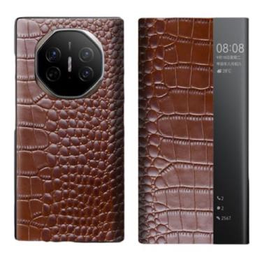 Imagem de ZHAYLA Capa para Huawei Mate XT, função de hibernar/despertar inteligente, padrão de crocodilo, janela de visualização clara, capa flip de couro verdadeiro, capa de telefone para Huawei Mate XT, D